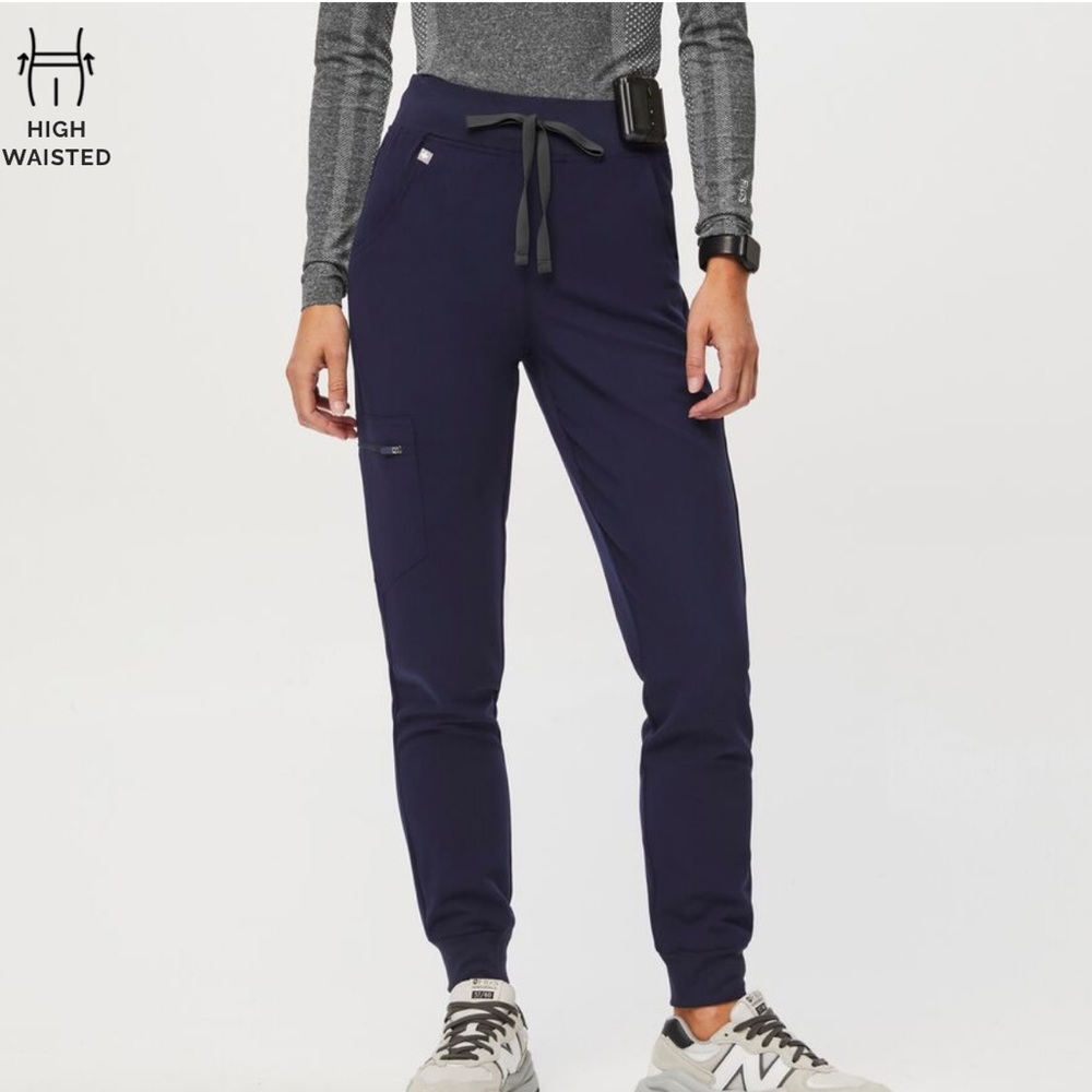 FIGS Navy Zamora High Waisted Jogger Scrub Pant with GREEN strings #W18SW2005T